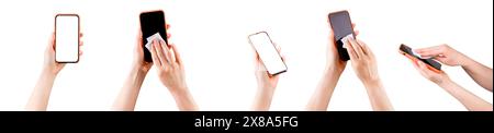Woman hand clean mobile phone by wet wipe isolated on white background with clipping path. Concept of protection against pandemic and viruses. Stock Photo