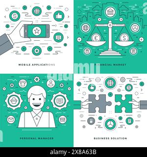 Flat line Mobile Applications, Market, Personal Manager, Business Solution Concepts Set Vector illustrations. Modern thin linear stroke vector icons. Stock Vector