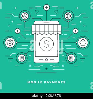 Flat line Mobile Payments and Shopping Concept Vector illustration. Modern thin linear stroke vector icons. For Website Graphics, Infographics Design, Stock Vector