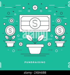 Flat line Fundraising and Financial Growth Concept Vector illustration. Modern thin linear stroke vector icons. For Website Graphics, Infographics Des Stock Vector