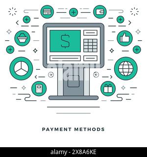 Flat line Vector illustration. Modern thin linear stroke icons. Website Header Graphics, Banner, Infographics Design, Promotional Materials. Payment m Stock Vector