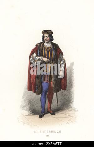 Nobleman at the court of King Louis XII, 16th century. In velvet cap, fur-lined mantle, striped doublet, particolored breeches and hose, court sword. Cour de Louis XII, 1510. Handcoloured steel engraving by Adolphe Portier after an illustration by Francois Claudius Compte-Calix from Album Keepsake des Costumes de la cour Francaise depuis Charles VII jusqu’a Louis XVI, Keepsake Album of French Court Costumes from Charles VII to Louis XVI, Modes Parisiennes, Paris, 1854. Stock Photo