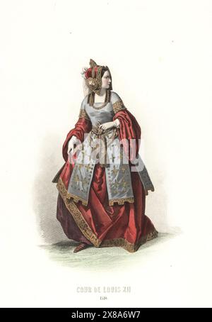 Noblewoman at the court of King Louis XII, 16th century. In headdress with gold braid, robe with full sleeves under tunic with gold embroidered panels. Cour de Louis XII, 1510. Handcoloured steel engraving after an illustration by Francois Claudius Compte-Calix from Album Keepsake des Costumes de la cour Francaise depuis Charles VII jusqu’a Louis XVI, Keepsake Album of French Court Costumes from Charles VII to Louis XVI, Modes Parisiennes, Paris, 1854. Stock Photo