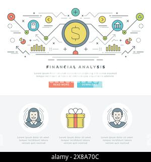 Flat line Business Analysis Concept Vector illustration. Modern thin linear stroke vector icons. For website graphics, Mobile Apps, Web Page Layout de Stock Vector