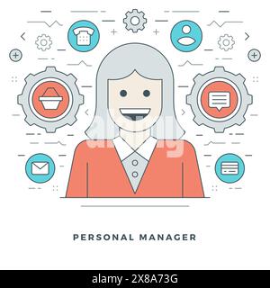 Flat line Personal Manager and Support. Vector illustration. Modern thin linear stroke vector icons. Website Graphics, Banner, Infographics Design, Pr Stock Vector