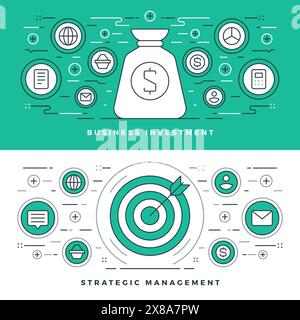 Flat line Strategic Management and Investment. Vector illustration. Modern thin linear stroke vector icons. For Website Graphics, Infographics Design, Stock Vector