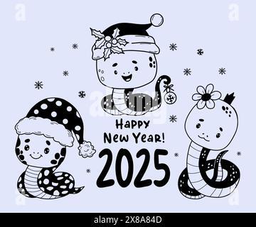 Christmas holiday snakes collection. Cute winter reptile in Santa hat and princess girl animal in doodle style. Vector isolated hand drawings. 2025 Ye Stock Vector