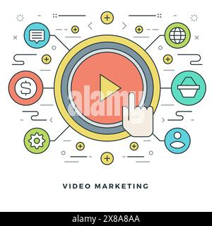 Flat line Business Concept Video Marketing. Vector illustration. Modern thin linear stroke vector icons. Website Graphics, Banner, Infographics Design Stock Vector