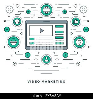 Flat line E-learning or Video Marketing. Vector illustration. Modern thin linear stroke vector icons. For Website Graphics, Infographics Design, Promo Stock Vector