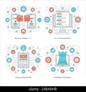 Flat line Internet Security, Financial Growth, Banking Services, Business Concepts Set Vector illustrations. Modern thin linear stroke vector icons. W Stock Vector