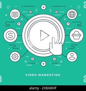Flat line Vector illustration modern thin linear stroke icons. Website Header Graphics or Banner. Video Marketing, play button icon. Stock Vector