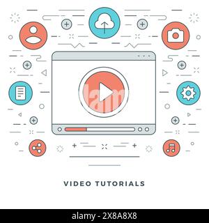 Flat line Video Tutorials Concept Vector illustration. Modern thin linear stroke vector icons. Website Header Graphics, Banner, Infographics Design, P Stock Vector