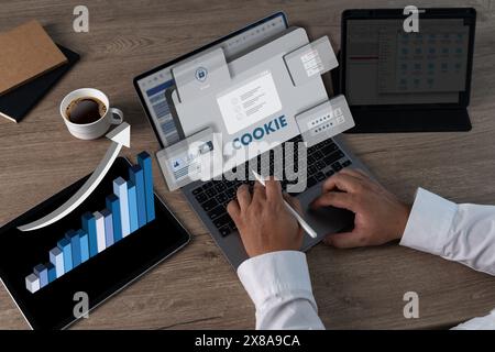Allow all cookies and Cookie policy information pop-up window on laptop Stock Photo