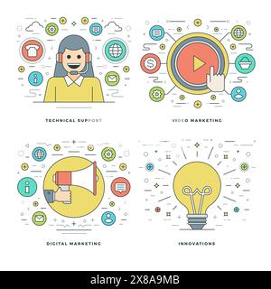 Flat line Technical Support, Digital Marketing, Innovations Ideas, Business Concepts Set Vector illustrations. Modern thin linear stroke vector icons. Stock Vector