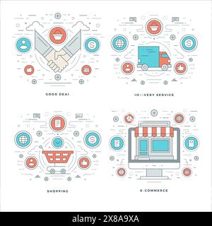 Flat line Management, Finance Accounting, Innovations, Business Team Concepts Set Vector illustrations. Modern thin linear stroke vector icons. Websit Stock Vector