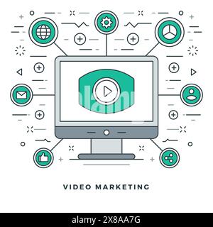 Flat line Vector illustration. Modern thin linear stroke icons. Website Header Graphics, Banner, Infographics Design, Promotional Materials. Video mar Stock Vector