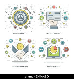 Flat line Banking Services, Contacts, Partners, Online Business Process Concepts Set Vector illustrations. Modern thin linear stroke vector icons. Web Stock Vector