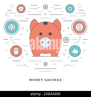 Flat line Money Savings Concept Vector illustration. Modern thin linear stroke vector icons. Website Header Graphics, Banner, Infographics Design, Pro Stock Vector