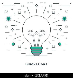 Flat line Vector illustration modern thin linear stroke icons. Website Header Graphics or Banner. Innovations, creative idea lamp icon. Stock Vector
