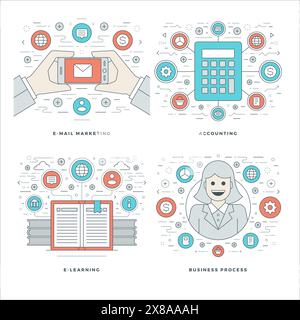 Flat line Accounting, E-learning, E-mail Marketing, Business Process Concepts Set Vector illustrations. Modern thin linear stroke vector icons. Websit Stock Vector