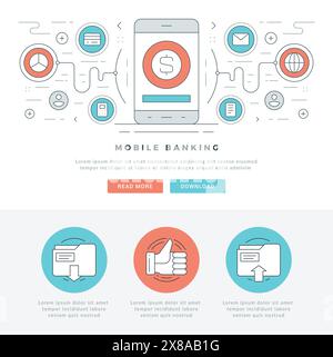 Flat line Mobile Payments Concept Vector illustration. Modern thin linear stroke vector icons. For website graphics, Mobile Apps, Web Page Layout desi Stock Vector