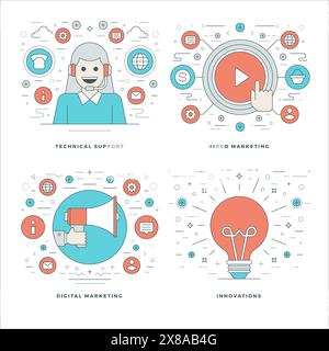 Flat line Technical Support, Digital Marketing, Innovations Ideas, Business Concepts Set Vector illustrations. Modern thin linear stroke vector icons. Stock Vector