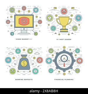 Flat line Video Marketing, Financial Planning, Banking Deposit, Business Concepts Set Vector illustrations. Modern thin linear stroke vector icons. We Stock Vector