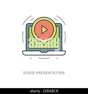 Line Icon Flat thin linear stroke vector illustration. Easy resize to 256, 512 pixels. Video presentation, play button symbol. Stock Vector