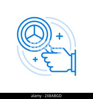 Business analytics vector line icon. Pie chart with marketing information data. Hand holds creative infographic magnifying glass. Statistical and deve Stock Vector