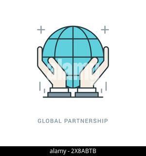 Line Icon Flat thin linear stroke vector illustration. For website graphics, Mobile Apps, Infographics. Global partnership, hands holding globe symbol Stock Vector