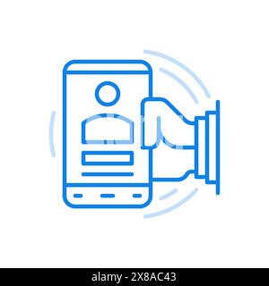 Online resume vector line icon. Autobiography for job candidate employer. Hand holds smartphone with character avatar. Vacancies document for professi Stock Vector