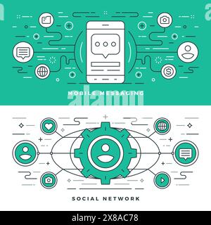 Flat line Social Media and Mobile Messaging. Vector illustration. Modern thin linear stroke vector icons. Website Header Graphics, Banner, Infographic Stock Vector
