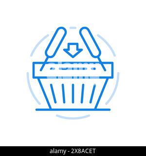 Adding shopping to cart vector line icon. Purchase and download of goods from market and supermarket. Arrow points to basket with two handles. In app Stock Vector