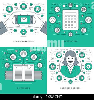 Flat line Accounting, E-learning, E-mail Marketing, Business Process Concepts Set Vector illustrations. Modern thin linear stroke vector icons. Websit Stock Vector