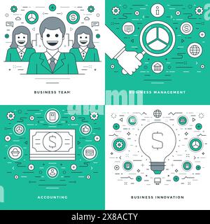 Flat line Management, Finance Accounting, Innovations, Business Team Concepts Set Vector illustrations. Modern thin linear stroke vector icons. Websit Stock Vector