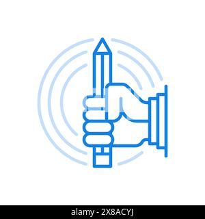 Hand holds pencil vector line icon. Writing graphic notes and sketching. Notes in diary and correction of documents. Creative thoughts realized on pap Stock Vector