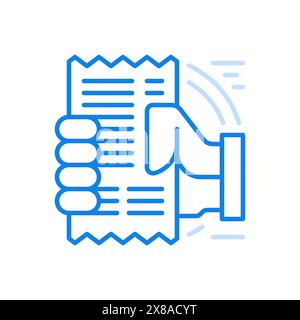 Hand hold receipt bill vector line icon. Paid restaurant and cafe bill. Tax for things of goods and equipment in store. Expenditure accounting with nu Stock Vector