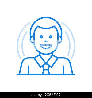 Smiling business character vector line icon. Avatar abstract profile with young man in tie. Symbol of fun design and happy work passion. Funny portrai Stock Vector