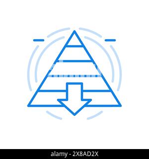 Maslow pyramid with top to bottom level vector line icon. Triangle sections an arrow down. Psychological hierarchy human needs self actualization and Stock Vector