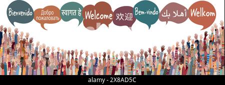 Hand raised of multicultural people from different nations and continents with speech bubbles with text -Welcome- in various international languages Stock Vector