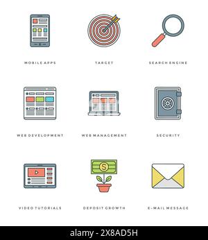 Flat line simple icons set. Thin linear stroke vector icons Essentials objects concept. For website graphics, Mobile Apps, Infographics design, Brochu Stock Vector