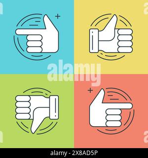 Flat line icons set. Thin linear stroke vector icons Hands, Thumbs up or like icon, Finger pointing social media symbols. Website graphics, Mobile App Stock Vector