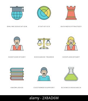 Flat line simple icons set. Thin linear stroke vector Essentials objects symbols. For website graphics, Mobile Apps, Infographics design, Brochures, B Stock Vector