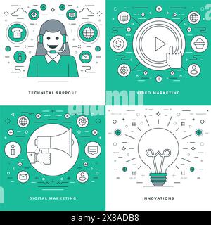Flat line Technical Support, Digital Marketing, Innovations Ideas, Business Concepts Set Vector illustrations. Modern thin linear stroke vector icons. Stock Vector