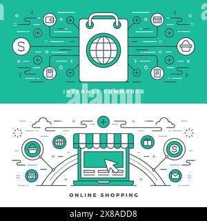 Flat line Internet Commerce and Online Shopping. Vector illustration. Modern thin linear stroke vector icons. Website Header Graphics, Banner, Infogra Stock Vector