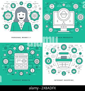 Flat line Manager, Search Products, Shopping Business Concepts Set Vector illustrations. Modern thin linear stroke vector icons. Website Header Graphi Stock Vector