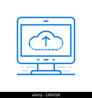 Upload to cloud service vector line icon. Service and storage online data on connected web servers. Cloud with up arrow on monitor screen. Accessible Stock Vector