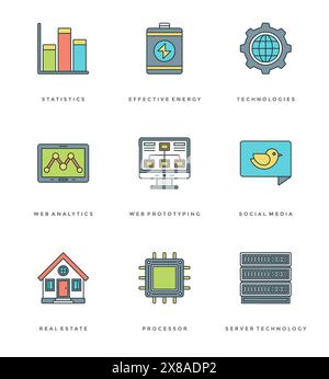 Flat line simple icons set. Thin linear stroke vector Essentials objects symbols. For website graphics, Mobile Apps, Infographics design, Brochures, B Stock Vector