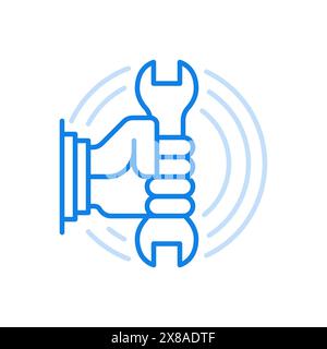 Repair shop vector line icon. Maintenance cars and equipment with subsequent restoration. Hand holds wrench. Bug fixes and guaranteed cleaning of hous Stock Vector