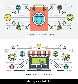 Flat line Internet Commerce and Online Shopping. Vector illustration. Modern thin linear stroke vector icons. Website Header Graphics, Banner, Infogra Stock Vector